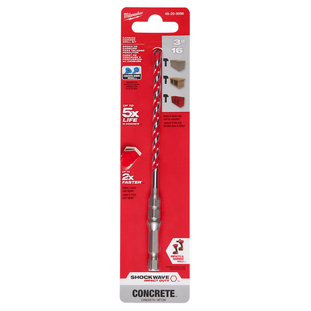 MILWAUKEE Milwaukee 48-20-9096 Shockwave Carbide Hammer Drill Bit for Concrete Screws 3/16 inches x 6 inches