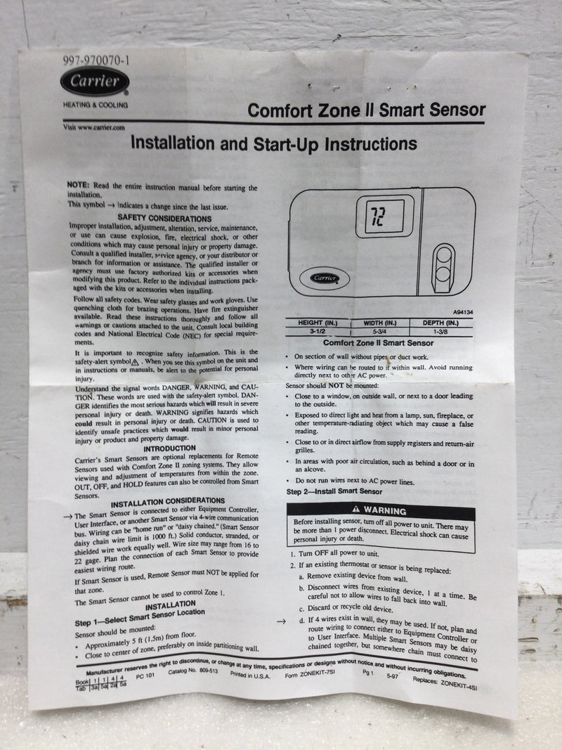CARRIER Carrier ZONECC0SMS01 Comfort Zone Accessory, Smart Sensor