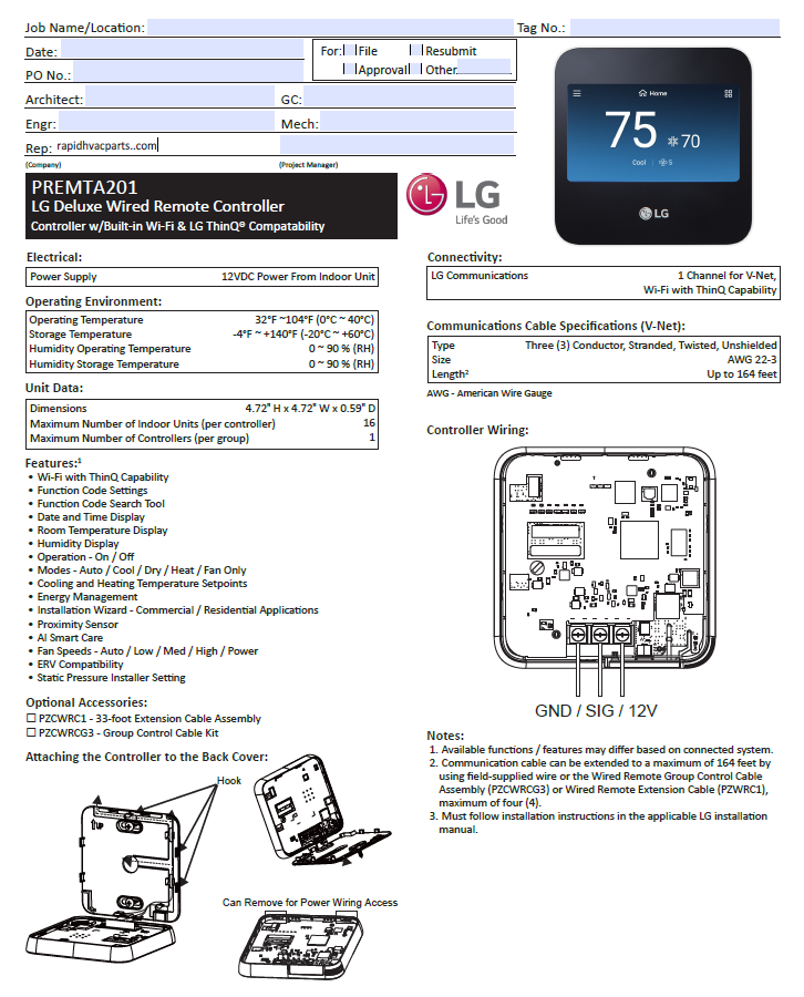 LG Lg PREMTA201 deluxe wired remote controller replaces PREMTA200, PREMTA000, AKB76038605