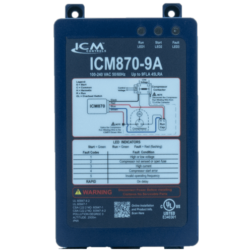 ICM CONTROLS Icm Controls 870-9A Soft Start, Built-in Start Capacitor, Over/Under Voltage Monitoring, Over-Current Protection 9A