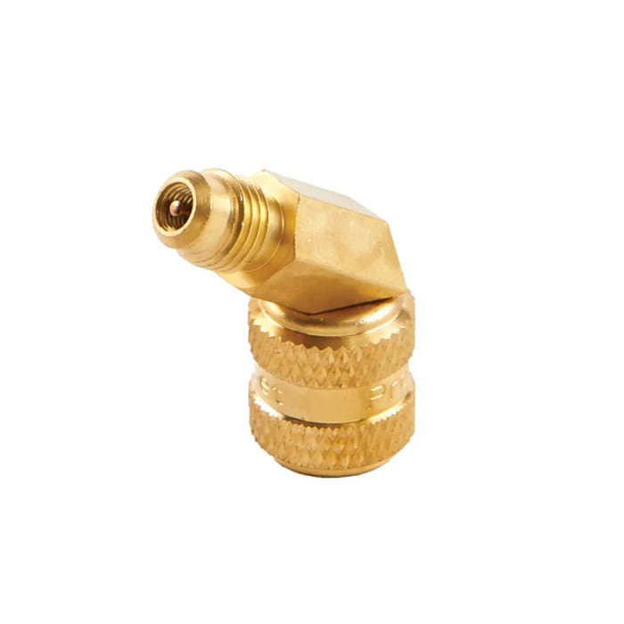 CPS PRODUCTS Cps Products CPS-AD44LHS Adapter with Valve Core for A2L Cylinders 1/4 in. Left-Hand Female Swivel x 1/4 in. Male 55 Degree Bend