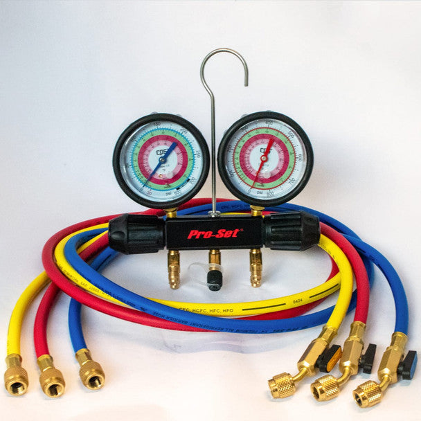 CPS PRODUCTS Cps Products CPS-MT2A7P5E 2-valve Pro-Set Workingman's Choice Triple-Seal Analog Manifold R-32/R-410A/R-454B/A2L 3-1/8 in. Gauges BV Hoses