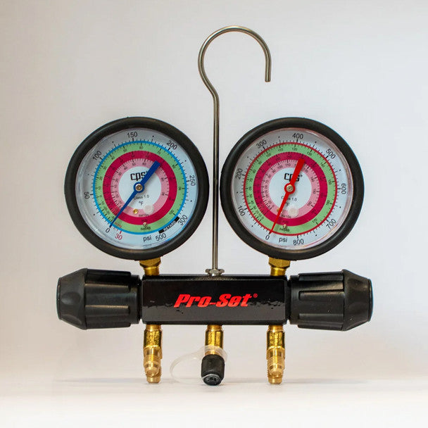 CPS PRODUCTS Cps Products CPS-MT2A7P5E 2-valve Pro-Set Workingman's Choice Triple-Seal Analog Manifold R-32/R-410A/R-454B/A2L 3-1/8 in. Gauges BV Hoses