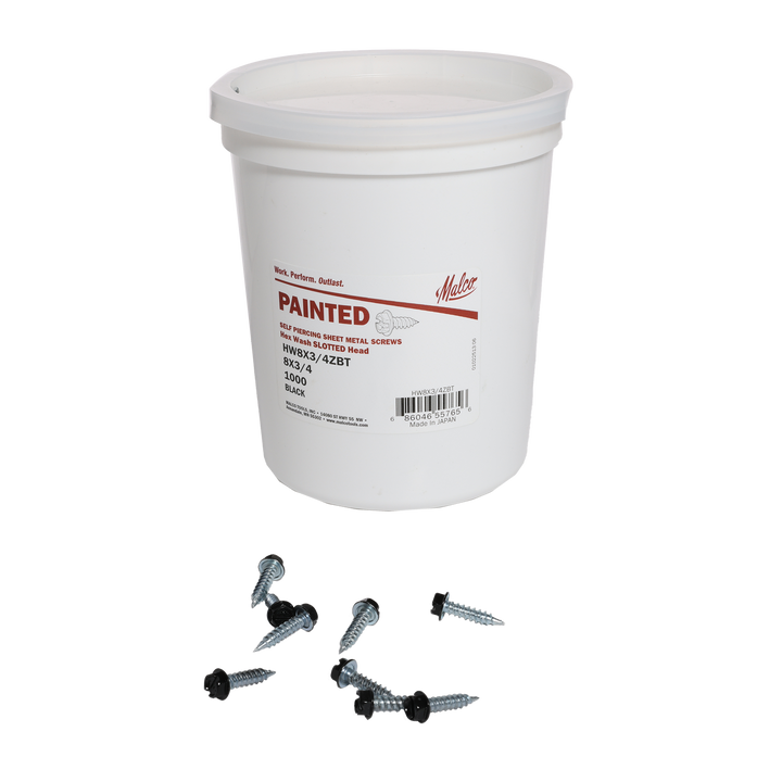 MALCO Malco HW8X3/4ZBT Zip-in self-piercing sheet metal screws size 8 shank 3/4 inches length 1/4 inches slotted hex head tub of 1000