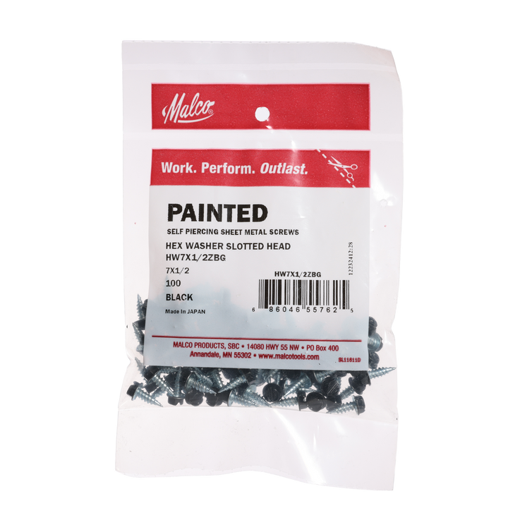 MALCO Malco HW7X1/2ZBG Slotted Hex Head Zip-in Self-Piercing Sheet Metal Screws 1/2 Inch Length 1/4 Inch Head Size 100 Pack