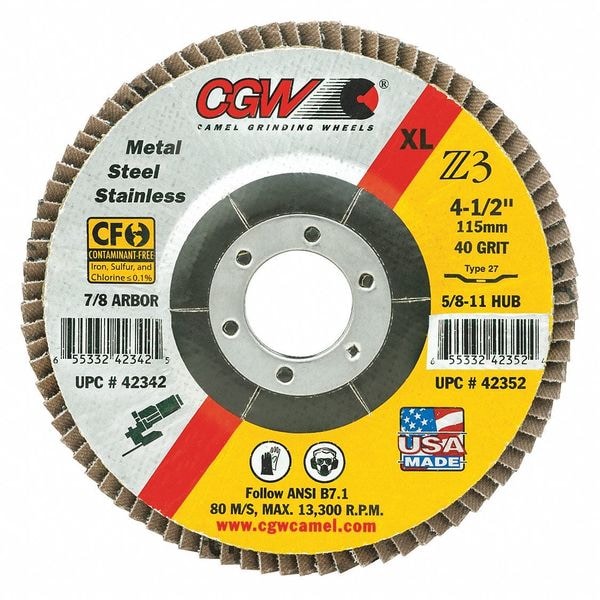 CGW ABRASIVES Cgw Abrasives 42502 5 inch x 7/8 inch Z3-40 T27 Regular 100% Zirconia Alumina Flap Disc 12,200 RPM