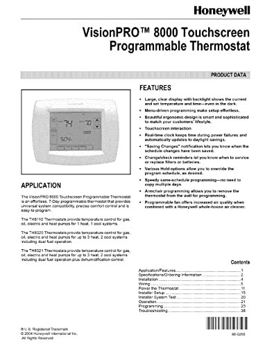 HONEYWELL Honeywell TH8110U1003 VisionPRO 8000 Series Thermostat 20 - 30 VAC Up to 1 Heat/1 Cool
