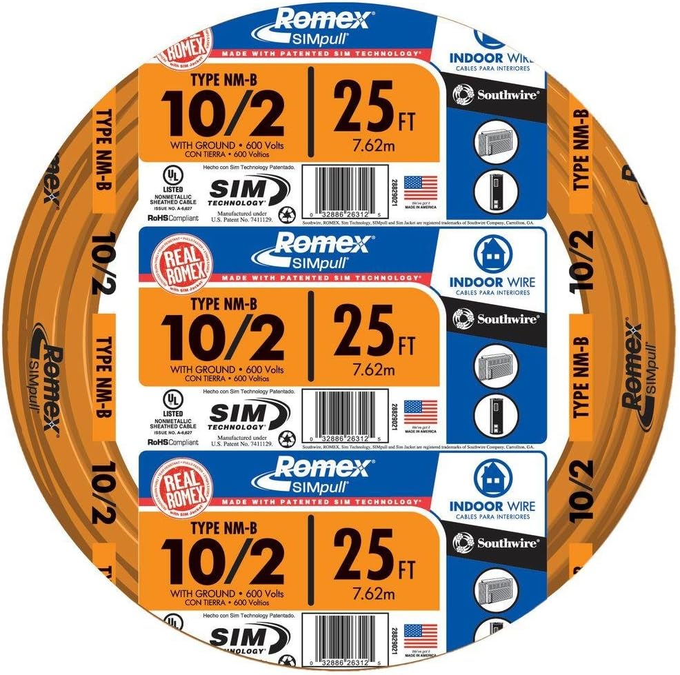 SOUTHWIRE Southwire 28829021 romex brand simpull solid indoor 10/2 w/g nmb cable 600v 25ft coil