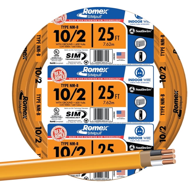 SOUTHWIRE Southwire 28829021 romex brand simpull solid indoor 10/2 w/g nmb cable 600v 25ft coil
