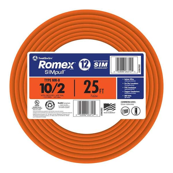 SOUTHWIRE Southwire 28829021 romex brand simpull solid indoor 10/2 w/g nmb cable 600v 25ft coil