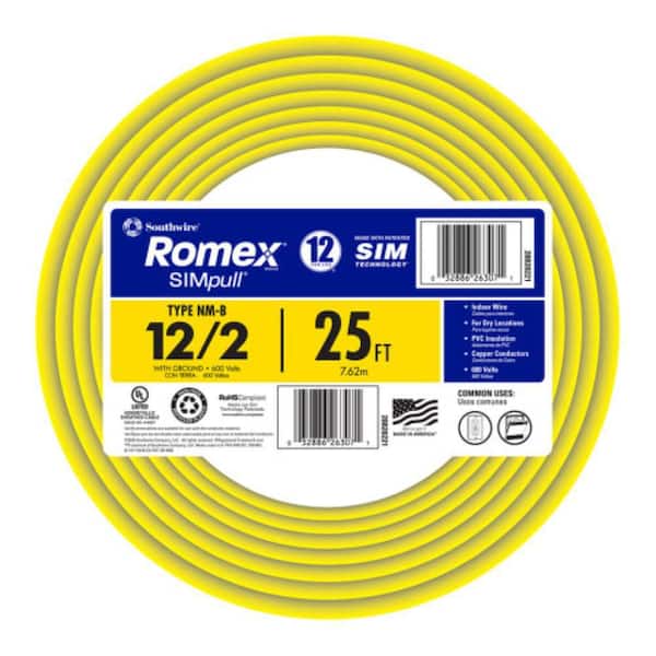 SOUTHWIRE Southwire 28828221 Romex brand Simpull solid indoor 12/2 W/G NMB cable 600 volts 25ft coil