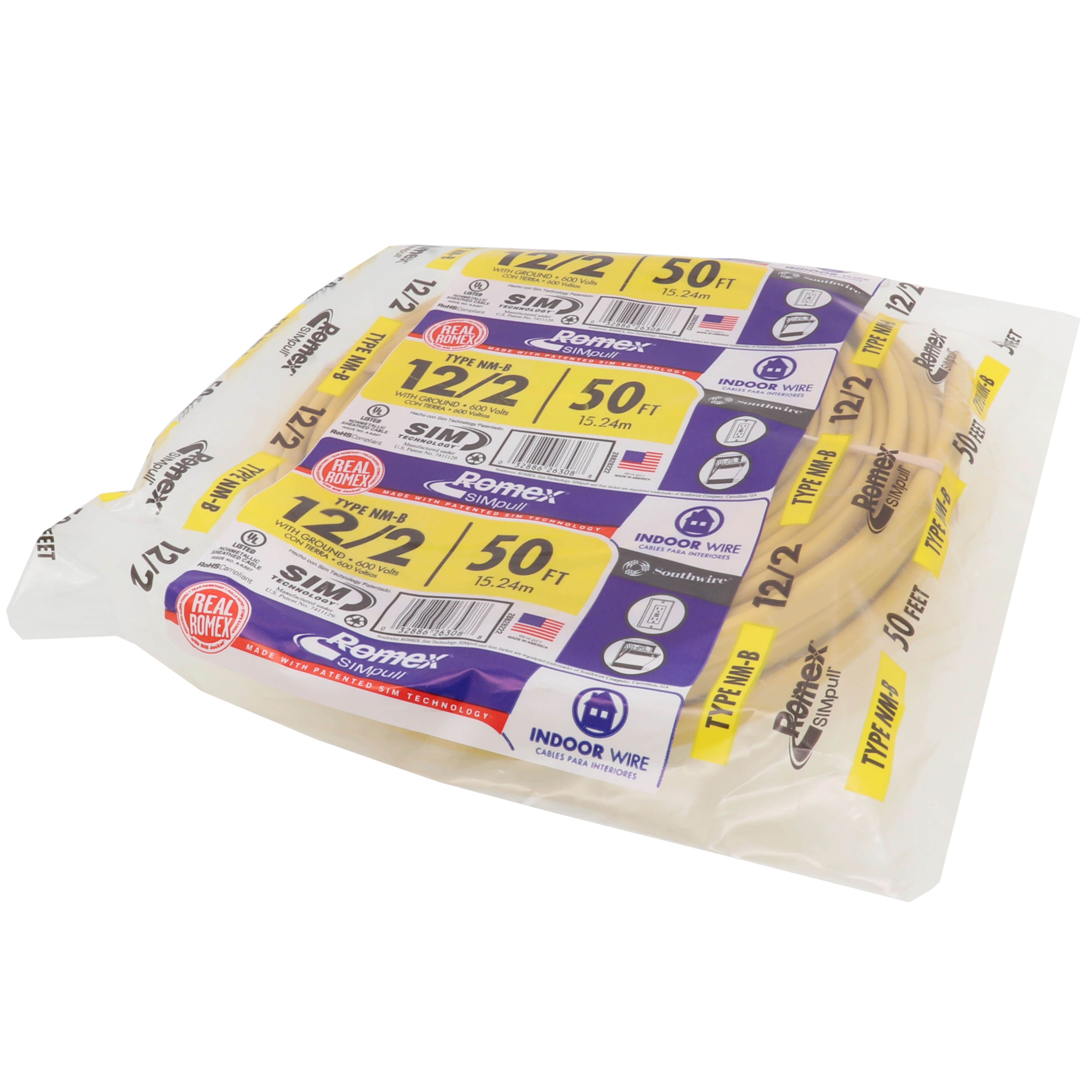 SOUTHWIRE Southwire 28828222 Romex brand Simpull solid indoor 12/2 W/G NMB cable 50ft coil
