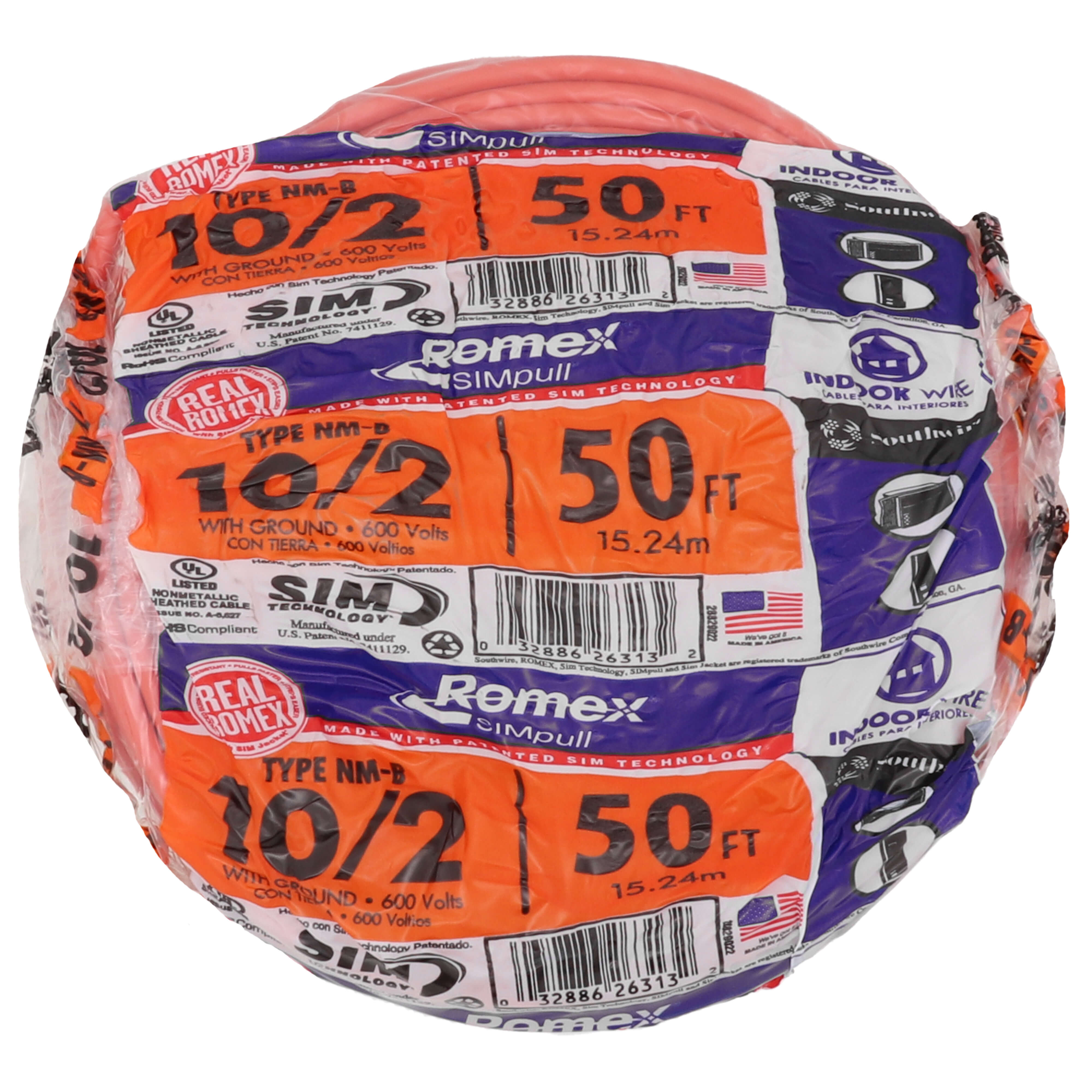 SOUTHWIRE Southwire 28829022 Romex Brand Simpull Solid Indoor 10/2 W/G NMB Cable 600 Volts 50ft Coil
