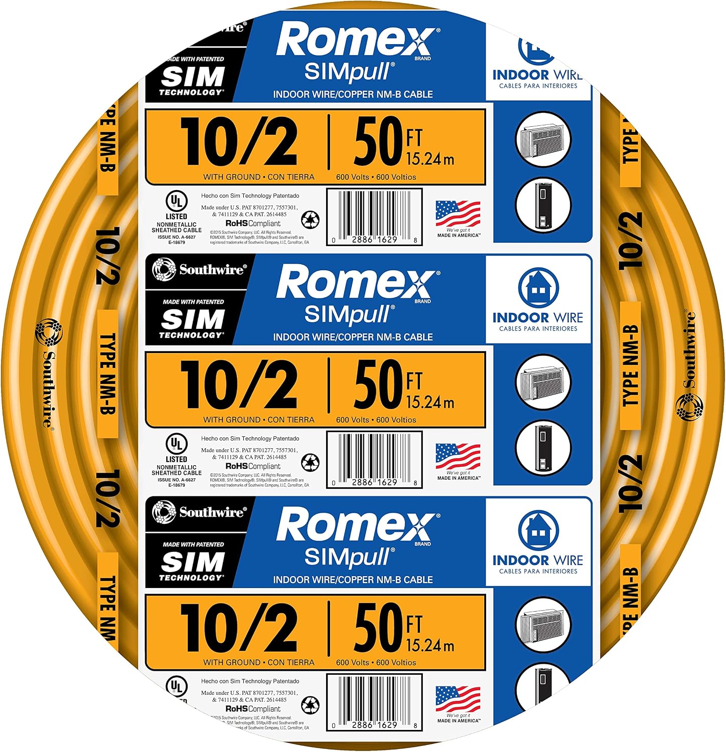 SOUTHWIRE Southwire 28829022 Romex Brand Simpull Solid Indoor 10/2 W/G NMB Cable 600 Volts 50ft Coil