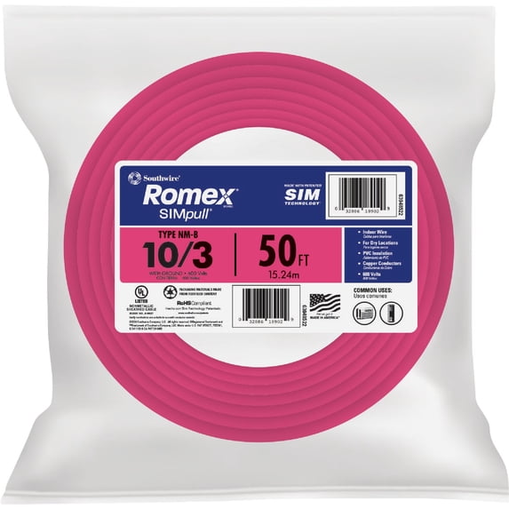 SOUTHWIRE Southwire 63948422 Romex Brand Simpull Solid Indoor NMB Cable 10/3 W/G 50ft Coil