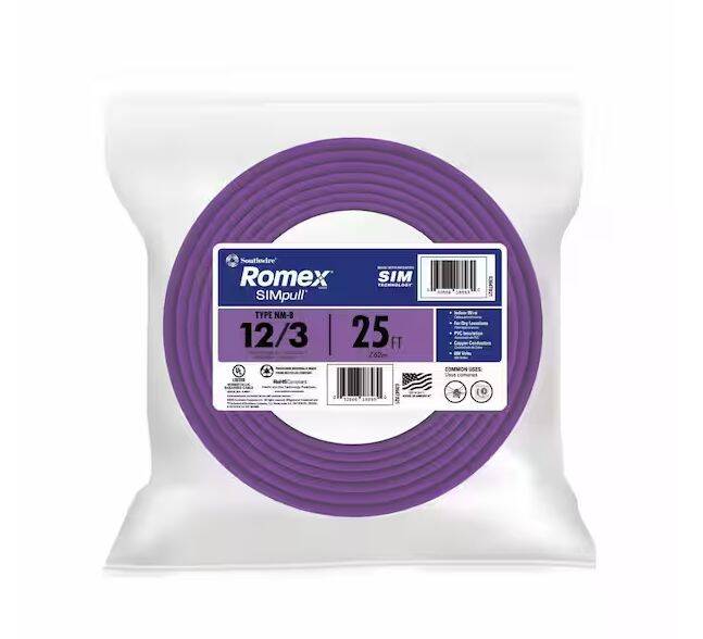 SOUTHWIRE Southwire 63947821 Romex Brand SIMpull Copper Type NM-B Cable 600 Volt 12-3 CU NM-B 25 Ft