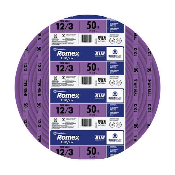 SOUTHWIRE Southwire 63947822 Romex Brand SIMpull Copper Type NM-B Cable 600V 12-3 50 Ft