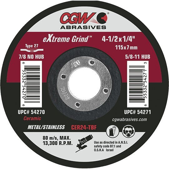 CGW Cgw 54270 Ceramic Grinding Wheel 4.5x0.25x0.875 in T27 25/box
