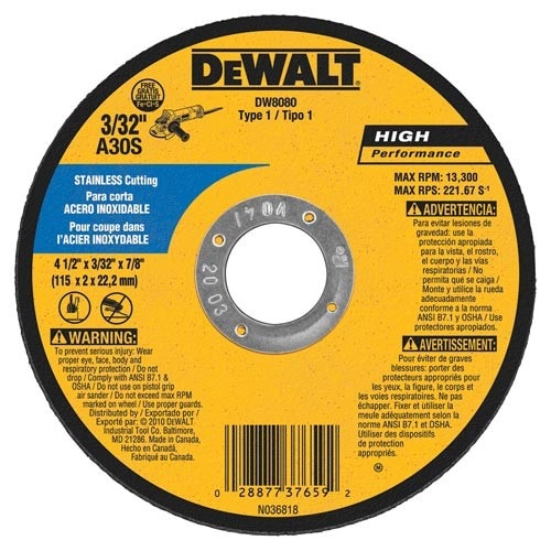 DEWALT Dewalt DW8080 Bonded Abrasive Cutting Wheel Stainless Steel