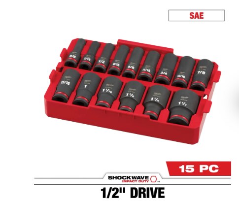 MILWAUKEE Milwaukee 49-66-6817 Impact Socket Set 1/2 in Drive 15 Pc Sae