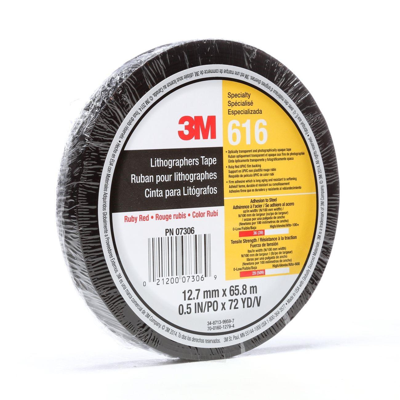 3M 3M 7000050037 Lithographers Tape 616 Ruby Red 0.5in X 72yd