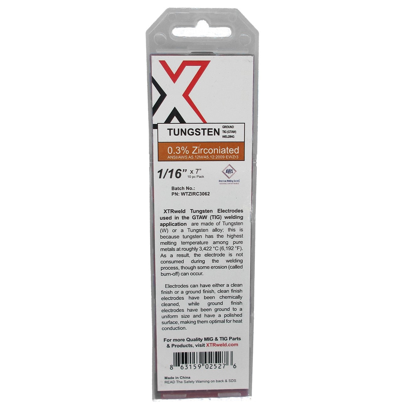 XTRWELD Xtrweld WTZIRC3187 Zirconiated Tungsten Electrode 3/16