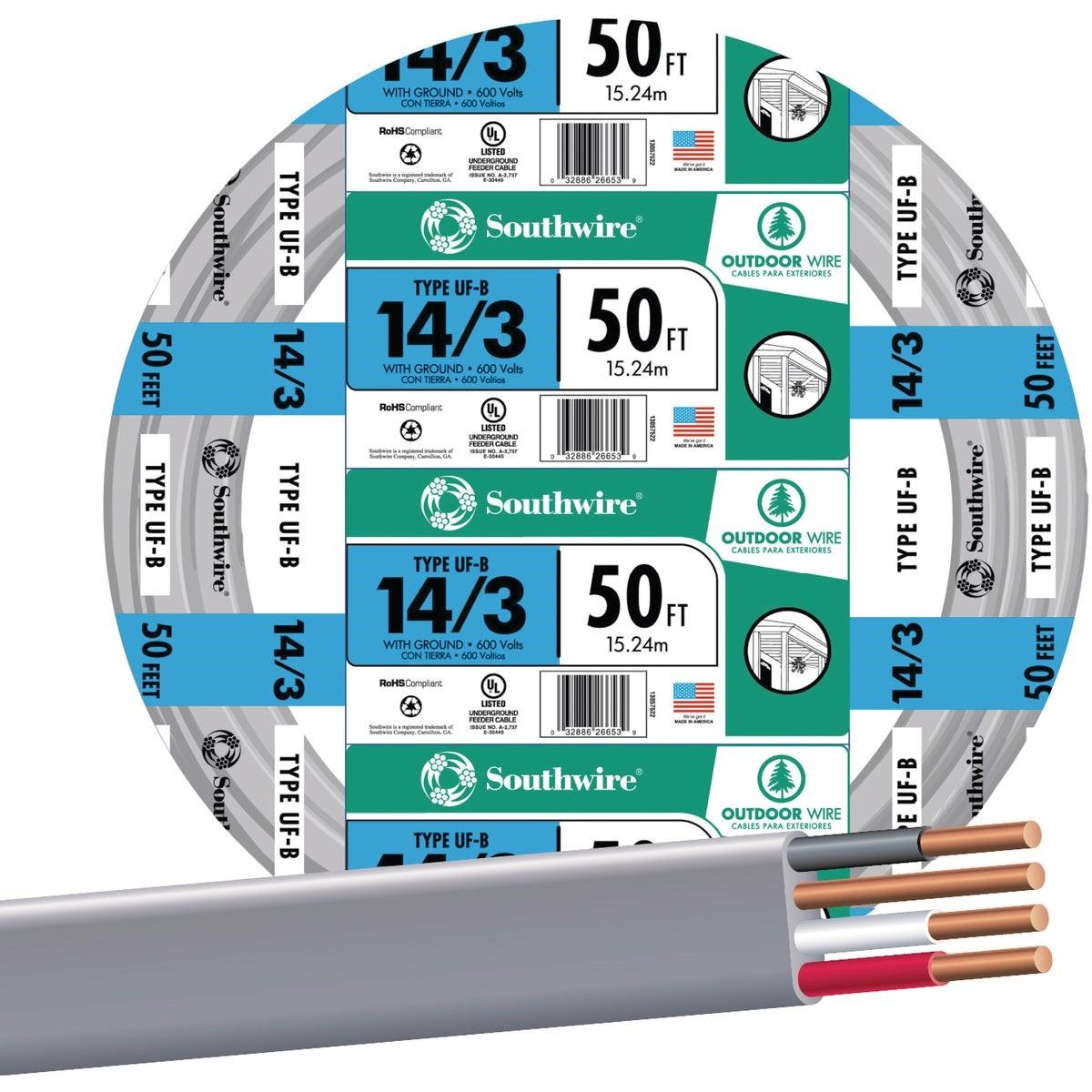 SOUTHWIRE Southwire 13057522 Uf-b Wire 14 Awg 3-conductor 50 Feet