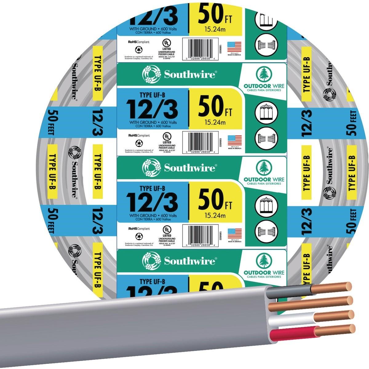 SOUTHWIRE Southwire 13058322 Uf-b Wire 12 Awg 3-conductor 50 Feet