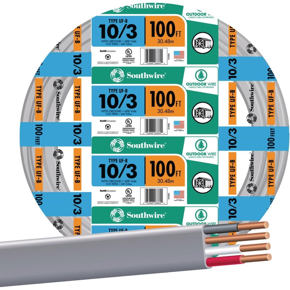 SOUTHWIRE Southwire 13059123 Uf-b Wire 10 Awg 3-conductor 100 Ft