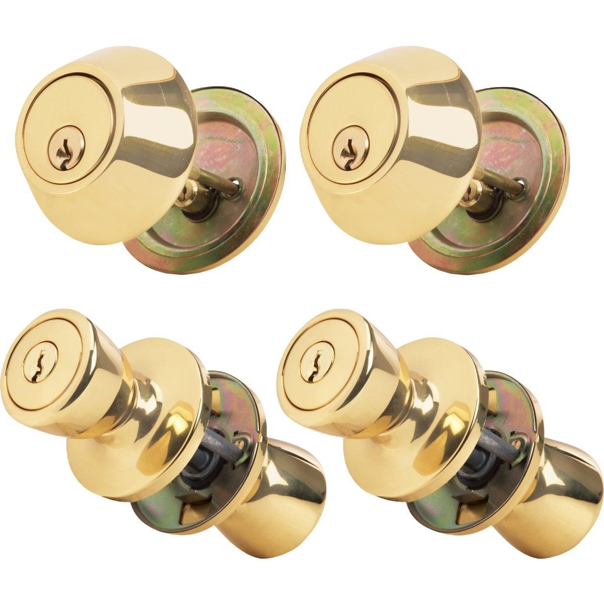 STEEL PRO Honeywell BR7B91BD Polished Brass Deadbolt Door Knob Combo