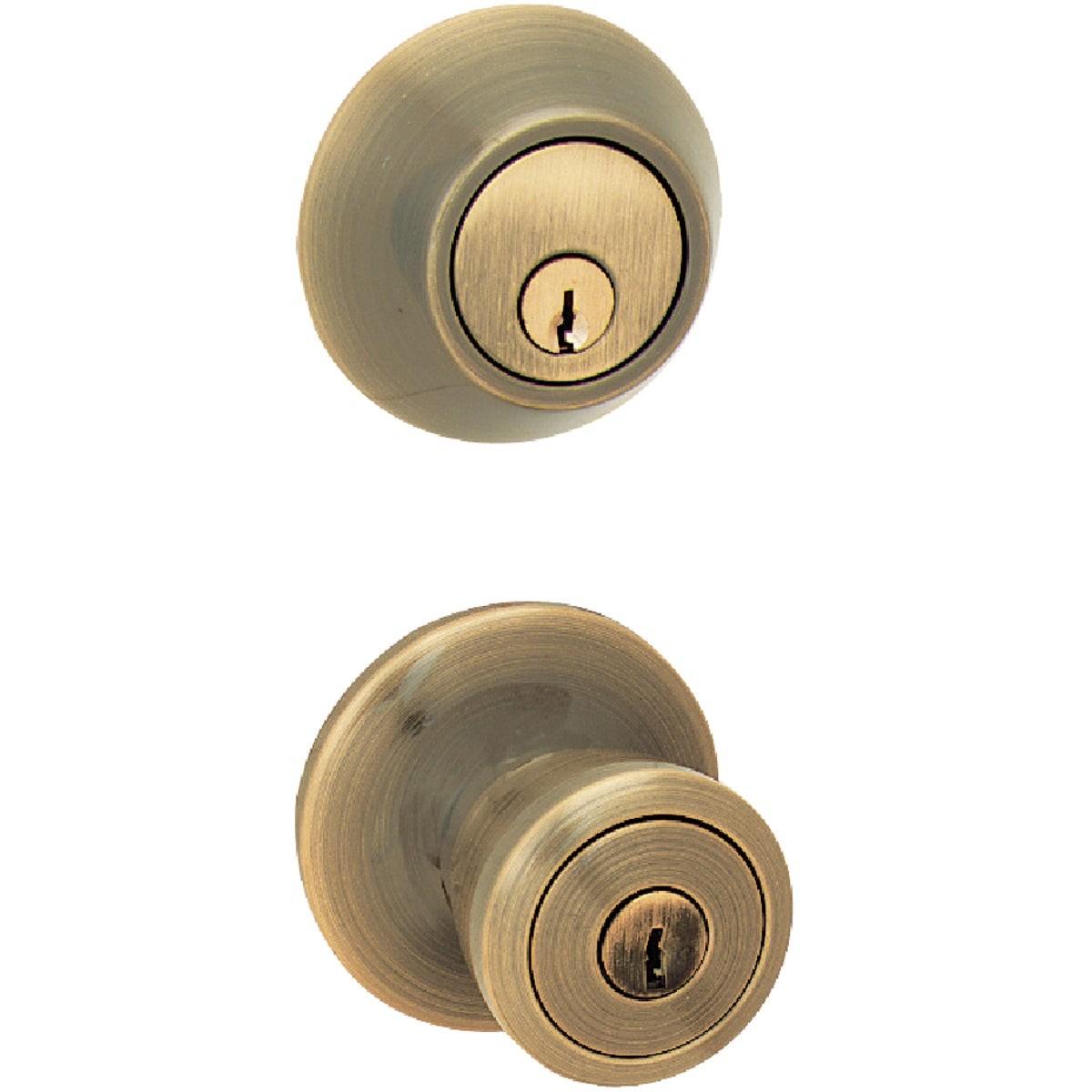 STEEL PRO Honeywell BR8B91B Antique Brass Deadbolt Door Knob Combo