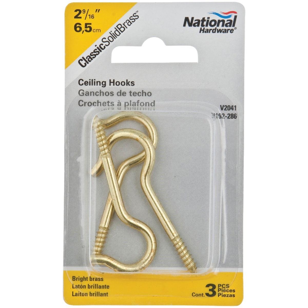NATIONAL MARKER National Marker N192286 Solid Brass Ceiling Hook 3-pack