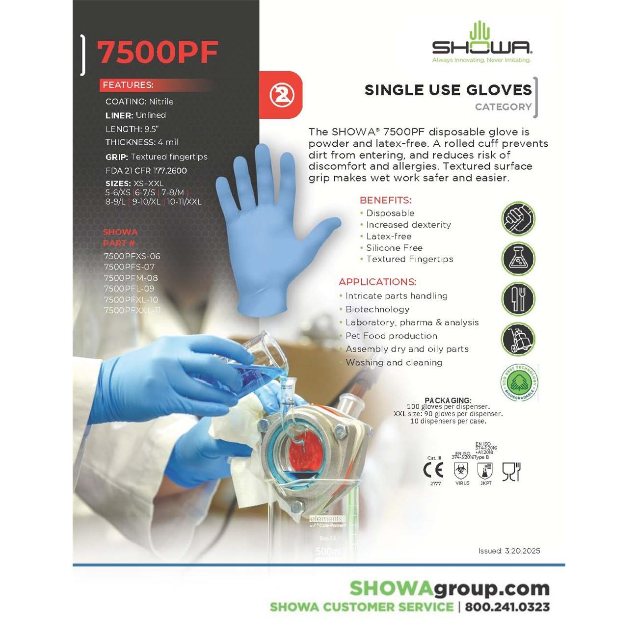 SHOWA Showa 7500PFL Disposable Nitrile Glove Large Blue