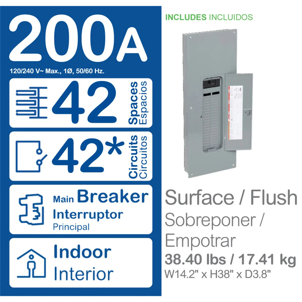 SCHNEIDER ELECTRIC Square D QO142M200PCVP Load Center, 200A Convertible Main Breaker, 42 Spaces, 52 Circuits, NEMA 1