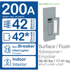 SCHNEIDER ELECTRIC Square D QO142M200PCVP Load Center, 200A Convertible Main Breaker, 42 Spaces, 52 Circuits, NEMA 1