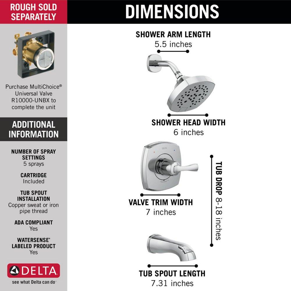 DELTA FAUCET Delta Faucet T14476 Stryke Single Handle Multi Function Bathtub & Shower Faucet in Chrome Trim Only