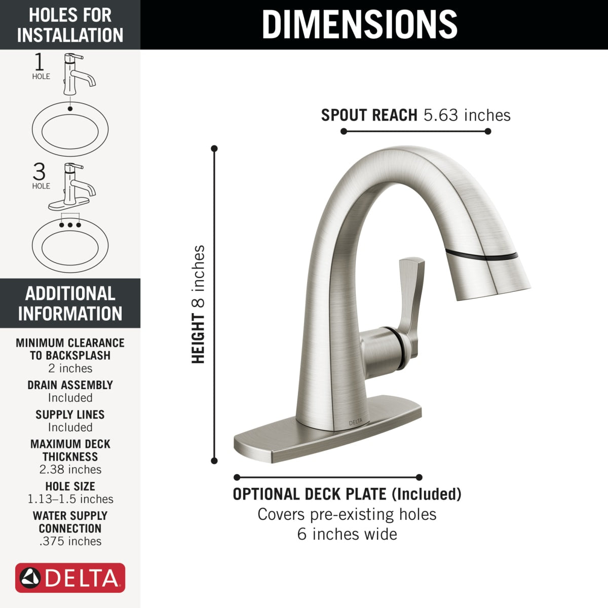 DELTA FAUCET Delta 577-SSPD-PR-DST Lavatory Faucet Stryke 1 Lever ADA WaterSense Pull Down 1.2 Gallons per Minute