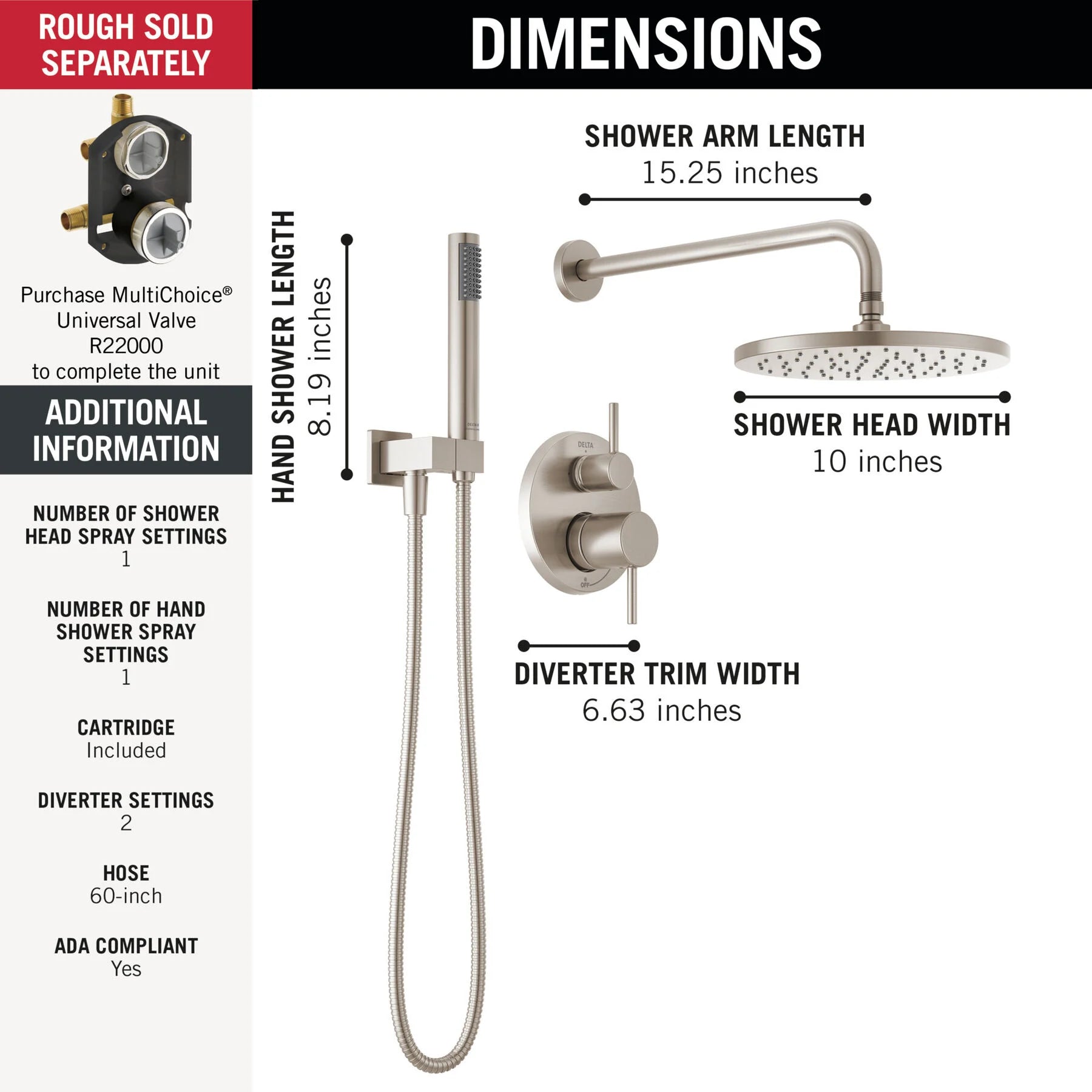 DELTA FAUCET Delta T342702-SP Monitor 14 Series Shower with Raincan & Hand Shower 1.75 GPM