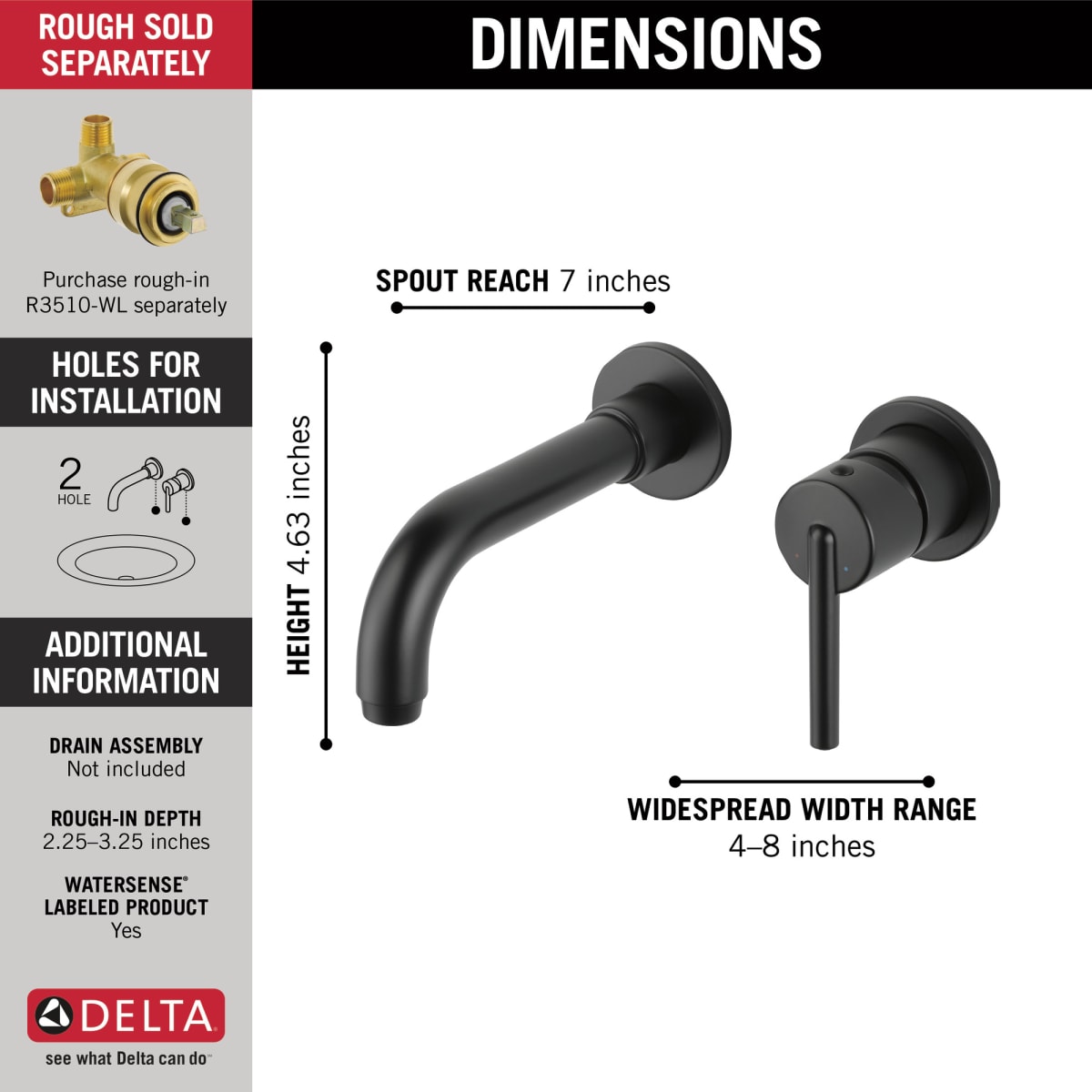 DELTA FAUCET Delta T3559LF-BLWL Matte Black Trinsic Single Handle Wall Mount Bathroom Faucet Trim