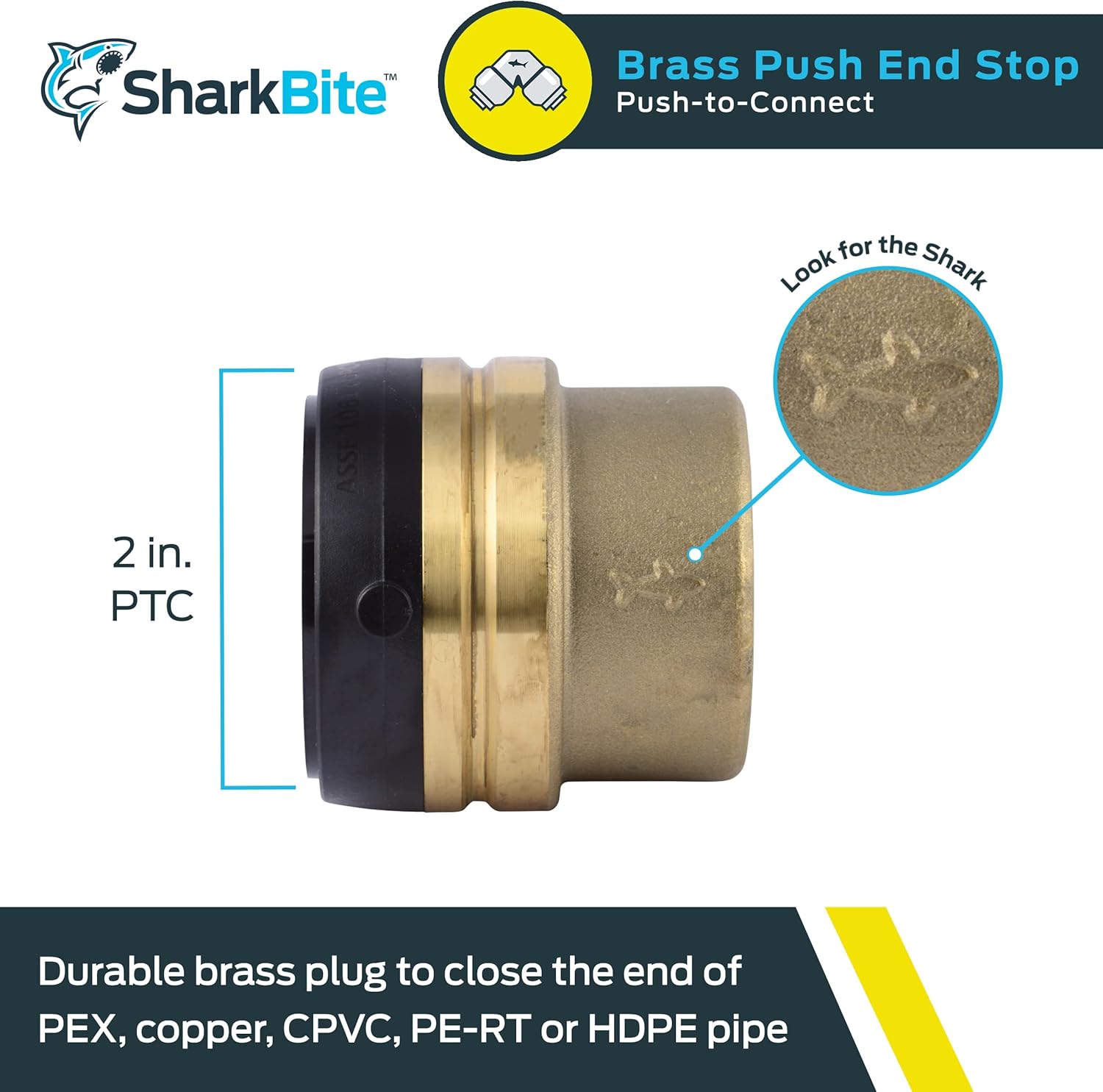 RWC SharkBite UXL0454 2 Inch Push Cap Push to Connect Brass Plumbing Fitting