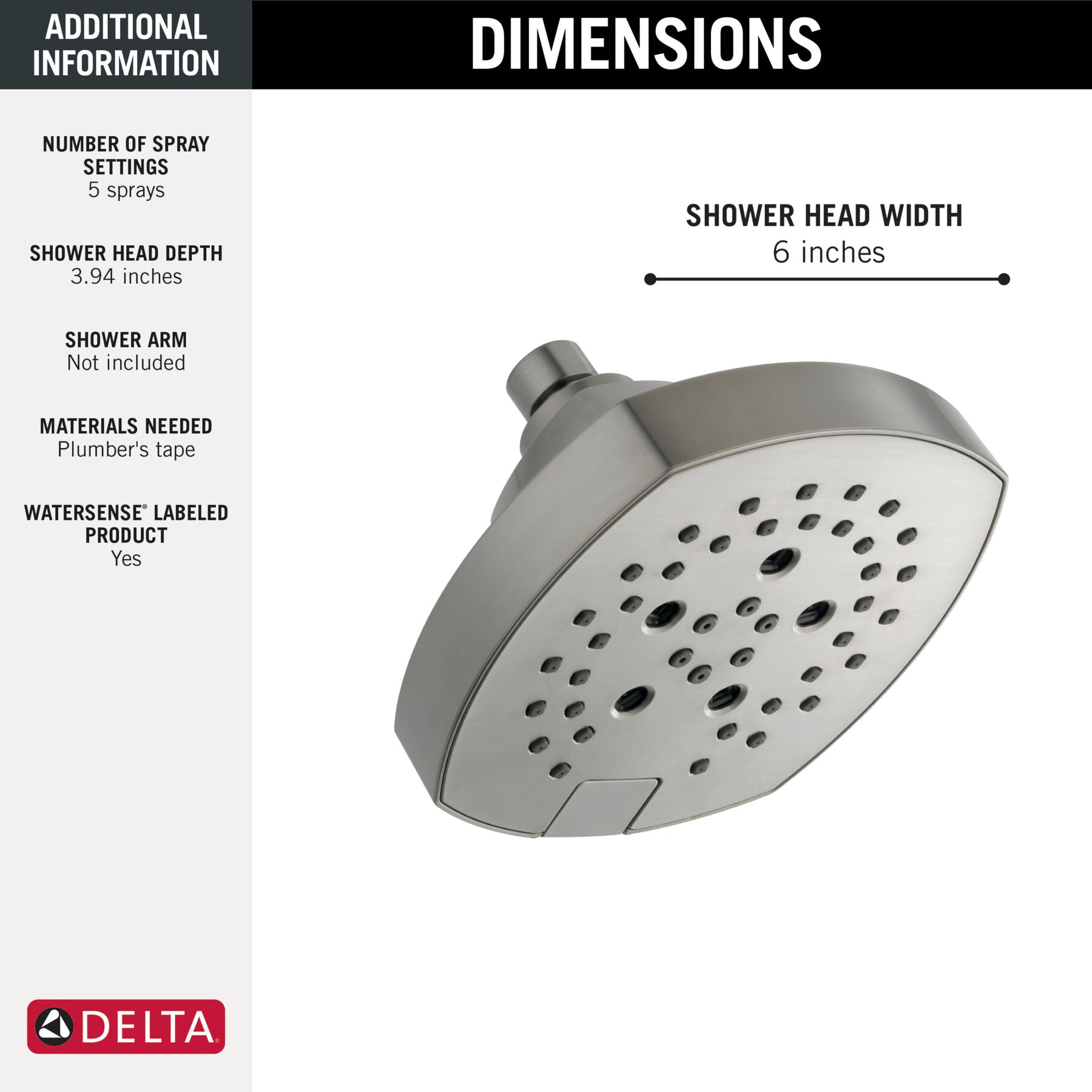 DELTA FAUCET Delta 52663-SS-PR Universal Showering H2Okinetic 5-Setting Shower Head 1.75 GPM