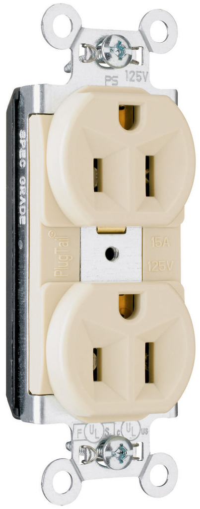 LEGRAND Pass & Seymour PT5362I PlugTail Spec Grade Duplex Receptacle 20A 125V - Ivory