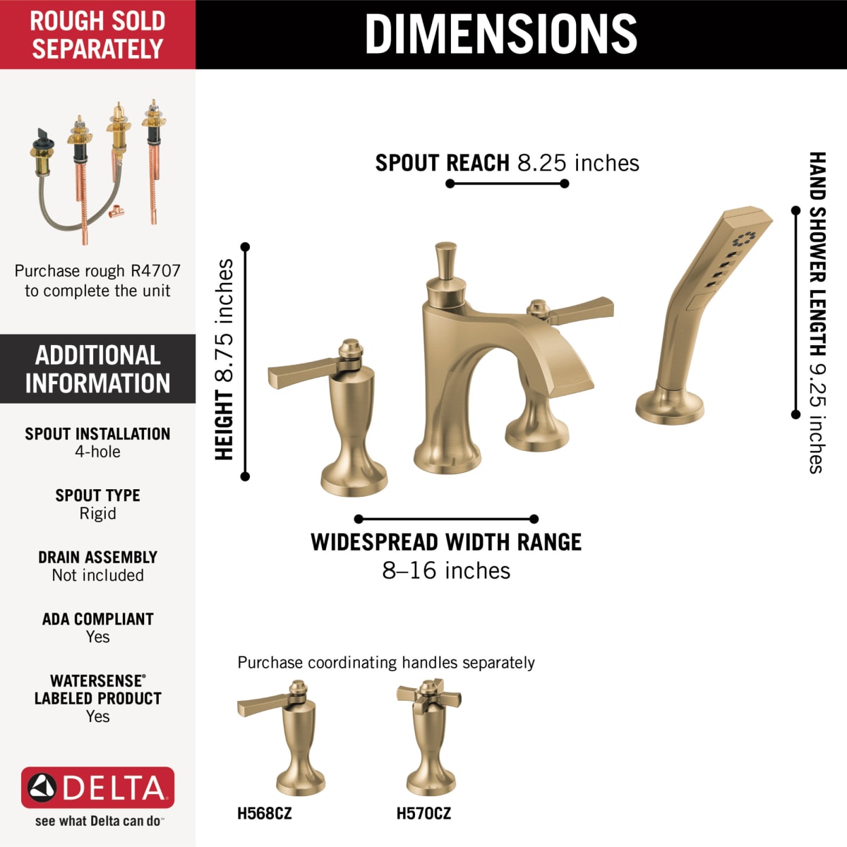 DELTA FAUCET Delta T4756-CZLHP Dorval Roman Tub Trim with Handshower Less Handles