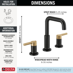 DELTA FAUCET Delta 35849LF-GZ Nicoli Lavatory Faucet Widespread 6-16 Inch Spread 2 Lever ADA WaterSense 1.2 Gallons per Minute 8-3/16 Inch