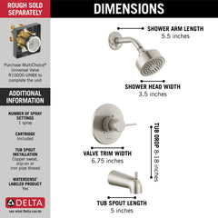 DELTA FAUCET Delta T14459-SS-PP Modern Monitor 14 Series 1.75 GPM Single Lever Handle Pressure Balanced Tub & Shower Trim Kit