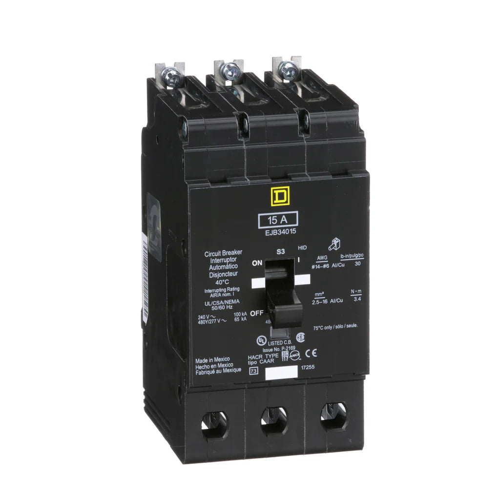 SCHNEIDER ELECTRIC Square D EJB34015 3-Pole 15 Amp 480 Star/277 Volt Thermal Magnetic Miniature Circuit Breaker