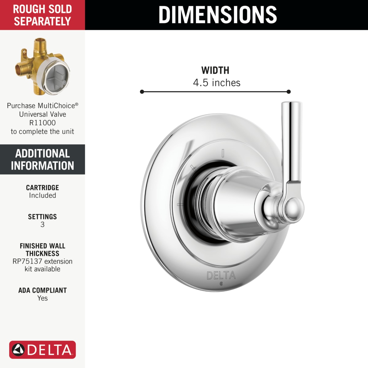 DELTA FAUCET Delta T11835 Saylor Diverter Trim 3-Setting 2-Port