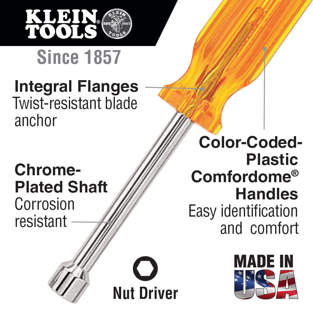 KLEIN TOOLS Klein S14 7/16-Inch Nut Driver, 3-Inch Hollow Shaft