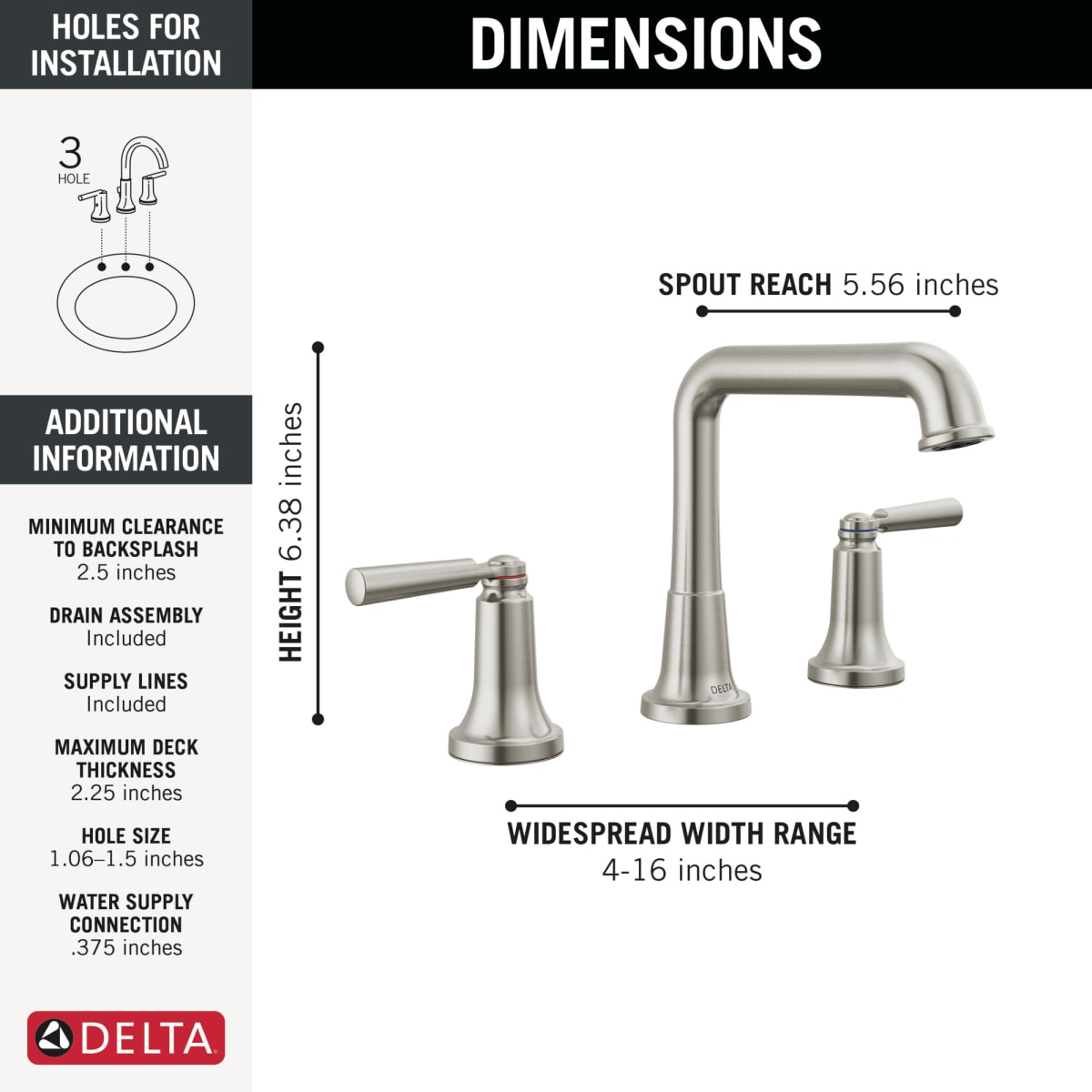 DELTA FAUCET Delta 3536-SSMPU-DST Lavatory Faucet Saylor Widespread 1.2 Gallons per Minute