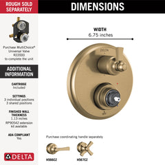 DELTA FAUCET Delta T24956-CZLHP Dorval Traditional 2-Handle Monitor 14 Series Valve Trim with 6 Setting Diverter